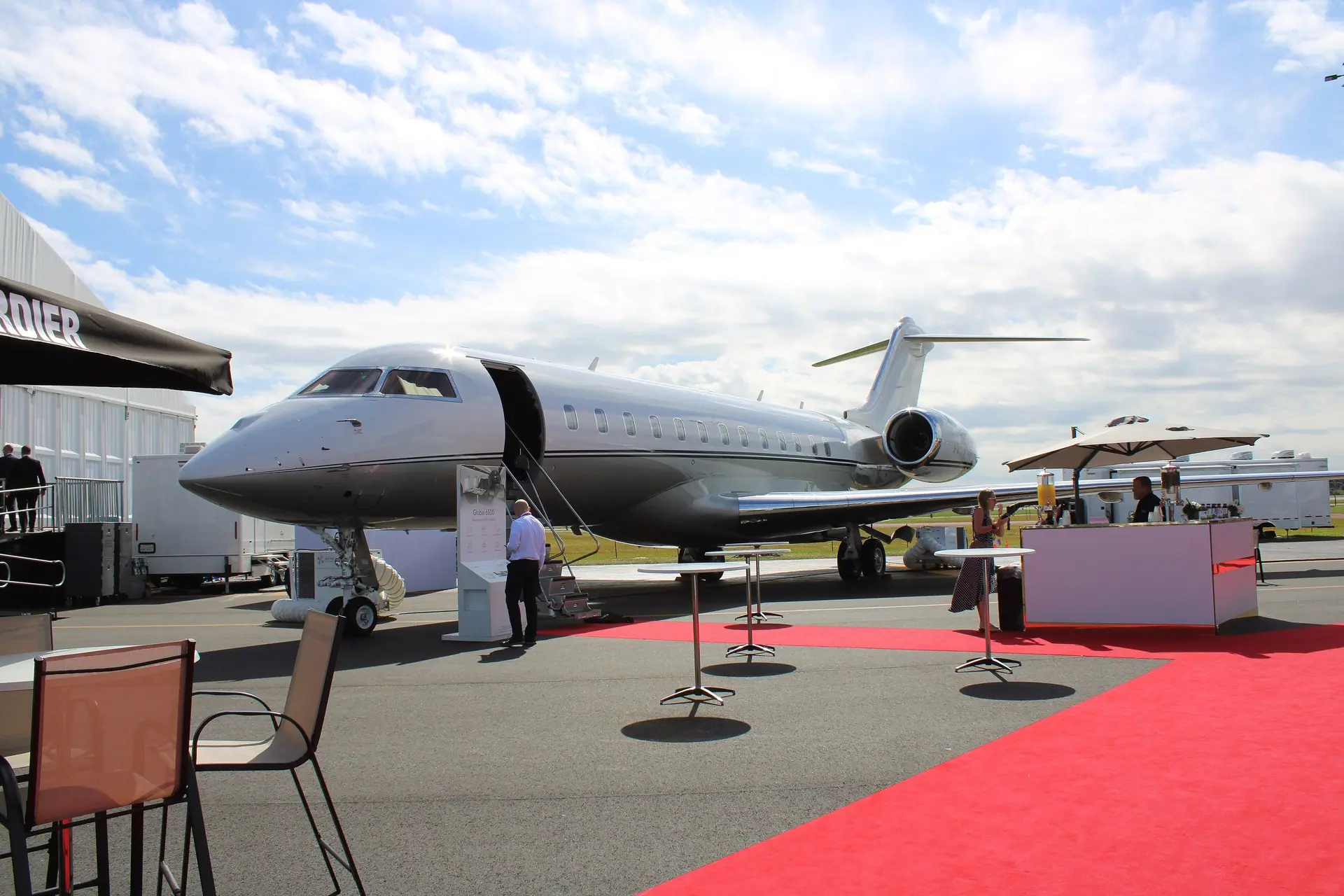 Bombardier Global 6500 N650BA on static display with the airstair door open
